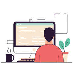 Poster - Two individuals focused on their computers, one in the foreground. The scene includes plants and coffee cups. Shows a collaborative work atmosphere.