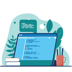 Poster - A cozy home office workspace illustration featuring a computer, books, and plants, evoking a warm, productive atmosphere.