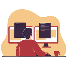 Poster - A mixed ethnicity person focused on dual computer screens in a modern workspace, representing dedication and professionalism.