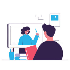 Poster - A cartoon depiction of two characters in a digital workspace. One with light skin and white curly hair is on screen, interacting with a viewer in front.