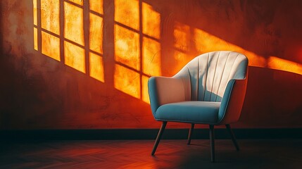 Poster - Sunset light bathes armchair in stylish room