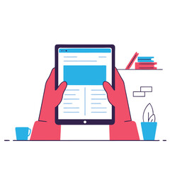 Poster - A vector illustration featuring stylized hands holding a tablet, surrounded by books, a plant, and a coffee cup, representing contemporary digital interaction.