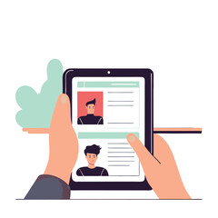 Aufkleber - A digital illustration of diverse hands holding a tablet showing a profile page. The scene emphasizes technology and communication.