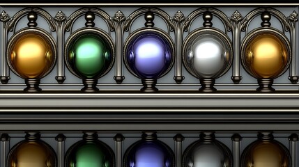 Canvas Print - Elegant metallic spheres shine brightly against dark ornate railing. AI Generated