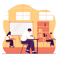 Poster - A diverse group of students engaged in studying in a modern classroom. The scene reflects focus and learning in an academic environment.