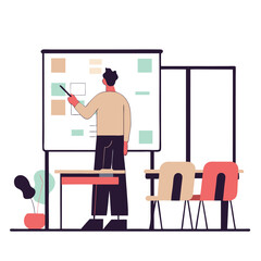 Poster - A person standing in a meeting room presenting ideas on a board. The setting features modern furniture and a professional atmosphere.