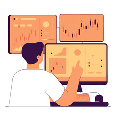 Poster - A digital illustration features an individual engaging with data analytics on multiple screens. The person is focused and appears to be from a European background.