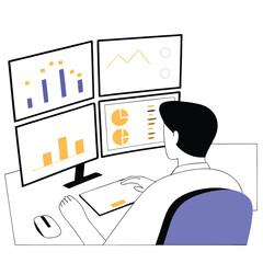 Poster - A person, likely of European descent, is focused on analyzing data using several computer screens displaying various graphs and charts in a flat design.