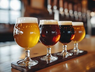 Poster - Four Craft Beer Glasses on Wooden Tray Offering a Variety of Color and Taste Experience