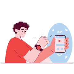 Poster - A person of unspecified ethnicity holding a smartphone while interacting with a round object on the table. The style is modern and minimalistic.