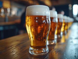 Poster - Row of Refreshing Golden Beer Pints with Frothy Head on Rustic Wooden Bar Countertop