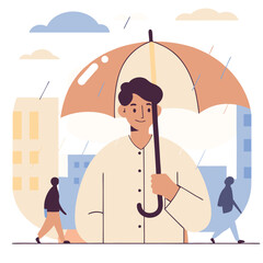Poster - A stylized illustration of a Caucasian man holding an umbrella while walking in a rainy urban setting, with others in the background. It showcases a concept of rain.