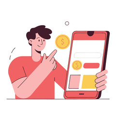 Aufkleber - A digital representation of a user interacting with a smartphone to manage finances, conveying a modern lifestyle. The user appears European.