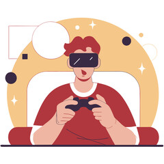 Poster - A person wearing a virtual reality headset engages with a game controller in a beautifully designed, colorful background. This represents modern gaming.