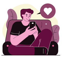 Poster - A European man with light skin sits comfortably in an armchair, engaging with his smartphone while expressing affection through a heart icon. Cozy and inviting atmosphere.