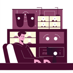Poster - An illustration of a man, possibly of European descent, sitting with abstract furniture. The design features fun cartoonish expressions on the furniture.