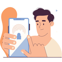 Poster - A young man with light skin, depicted in a flat design style, interacts with a smartphone, showcasing digital security concepts.