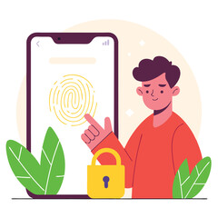 Poster - A conceptual illustration depicting a young man with light skin using a smartphone with a fingerprint scanner, surrounded by colorful plants and a lock symbol.