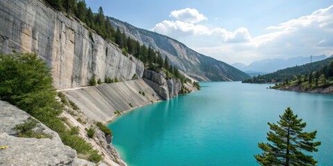 Wall Mural - Steep slope of granite rock falls into crystal clear turquoise lake, outdoor photography, rocky terrain, waterfall