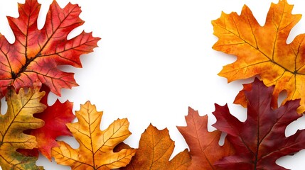 Wall Mural - Vibrant autumn leaves frame white background creating warm fall mood. AI Generated