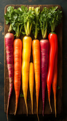 Wall Mural - Assortment Of Colorful Carrots On Wooden Cutting Board