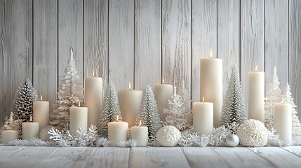 Poster - White Christmas candles and trees on wooden background