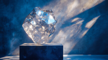 Poster - crystal formation with intricate details illuminated by soft light against a textured blue backgroun