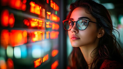 Poster - Woman in glasses monitors complex red displays in a tech center. Use data visualization