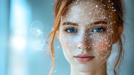 Aufkleber - Woman's face, digital network overlay, indoor, tech background, security