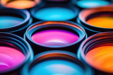 Poster - Abstract Array of Lenses with Vibrant Color Gradients and Reflections in a Dark Background