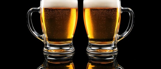 Poster - Two Golden Beers in Glass Mugs on a Black Reflective Surface Refreshing and Inviting