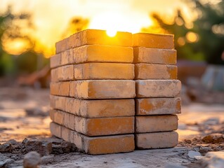 Poster - Stack of Bricks Bathed in Golden Sunset Light Construction Material and Warmth