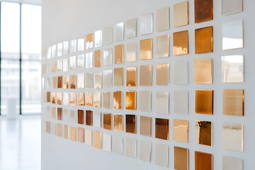 Aufkleber - Wall display of glossy tiles in whites, browns, and golds. Each tile reflects the light, creating a visually captivating mosaic. Interior design concept.