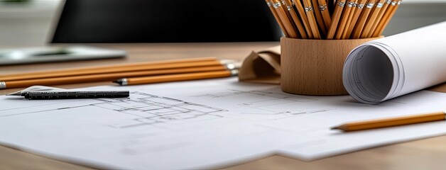 Architectural project materials laid on a table at a construction site, featuring blueprints, pencils, and city lights in the background