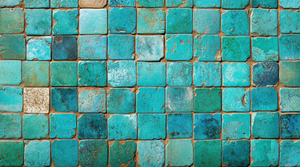 A Textured Tapestry of Turquoise Squares: An Abstract Mosaic of Vintage Tiles Evoking a Sense of Nostalgia and Artistic Intricacy with Subtle Color Variations