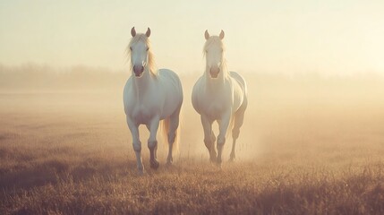 Wall Mural - two white horses running on a misty field at sunrise