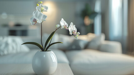 Wall Mural - A minimalist white vase holding a single orchid bloom, with a softly blurred living room featuring light gray furniture in the background.