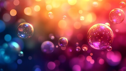 Poster - Soap bubbles floating on a colorful bokeh background creating a dreamlike atmosphere