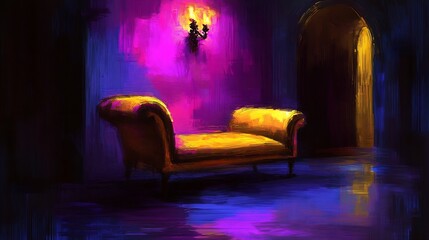 Canvas Print - Mysterious yellow chaise lounge glows softly under vibrant purple light dramatic room interior. AI Generated