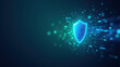 © Tameem - This is a digital graphic representing cybersecurity, featuring a shield encased by glowing green and blue energy particles with an intricate network pattern behind it.
