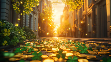 Wall Mural - St Patrick’s Day celebration with shamrocks, gold coins, and vibrant Irish culture in the parade