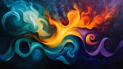 Sticker - Abstract art painting of colorful flames, swirls, and fluid shapes