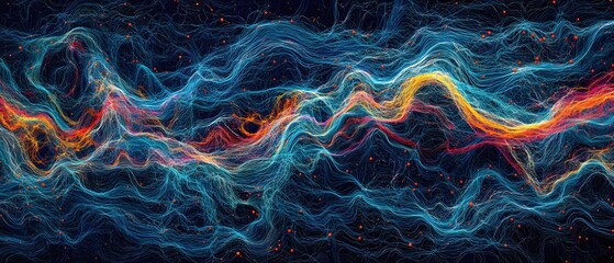 Poster - Abstract Data Stream Visualization with Colorful Lines and Nodes on a Dark Background