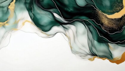 Fototapete - abstract green and gold fluid art design with gentle waves and flowing lines on a white background