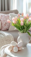 Poster - Bright tulips in a vase bring life to a cozy living room adorned with soft cushions and a delicate throw, creating a serene spring ambiance perfect for relaxation