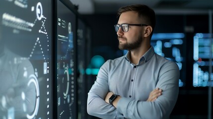 Poster - A confident male IT professional wearing smart casual attire, standing in a high-tech office with data servers glowing in the background, arms crossed while analyzing a holographic display