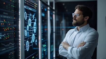 Poster - A confident male IT professional wearing smart casual attire, standing in a high-tech office with data servers glowing in the background, arms crossed while analyzing a holographic display