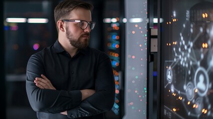Poster - A confident male IT professional wearing smart casual attire, standing in a high-tech office with data servers glowing in the background, arms crossed while analyzing a holographic display