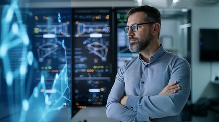 Poster - A confident male IT professional wearing smart casual attire, standing in a high-tech office with data servers glowing in the background, arms crossed while analyzing a holographic display