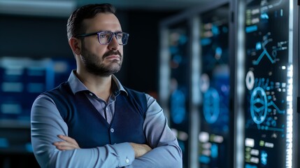 Poster - A confident male IT professional wearing smart casual attire, standing in a high-tech office with data servers glowing in the background, arms crossed while analyzing a holographic display